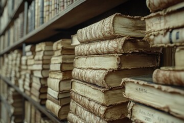 Old books stacked on a shelf in a library setting, suitable for academic or educational uses