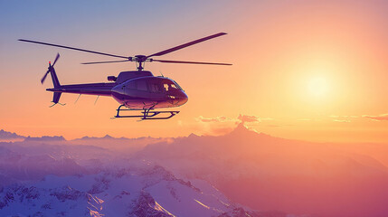 Fototapeta premium Helicopter Flying Above Snow-Capped Mountains During Sunset, Illuminating the Sky With Warm Hues and Creating a Breathtaking View