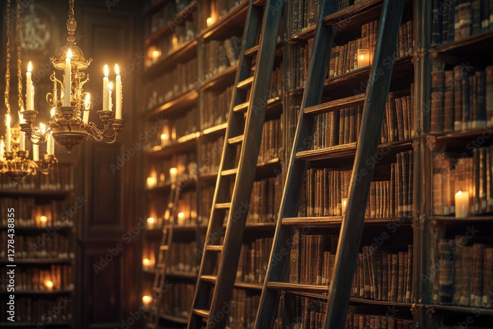 Poster a ladder leaning against a bookshelf in a quiet library setting