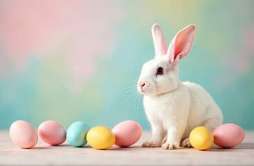 White rabbit and colorful eggs on a multicolored pastel background, free space for text, Easter background.