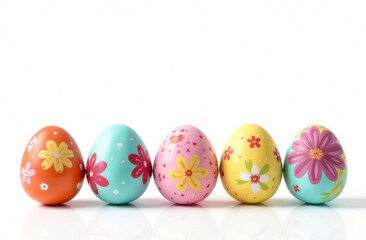 Colorful eggs with floral pattern, free space on top of image for text, white background.