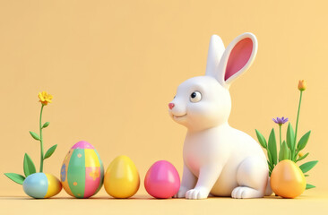 Cute Easter bunny with easter eggs and spring flowers, 3D render with copy space for text.