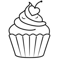 Romantic Cupcake with Heart Decoration Outline