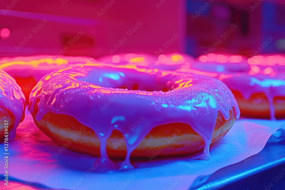 Poster a close-up shot of a doughnut with colorful icing on a table