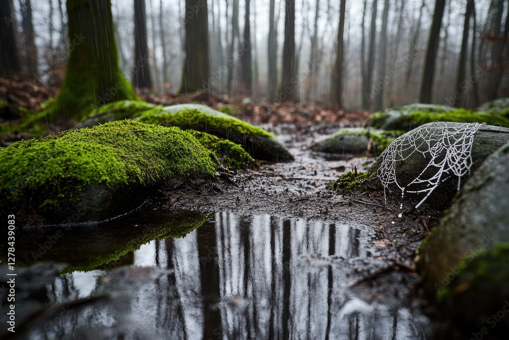 Poster a peaceful scene of a stream flowing through a dense forest covered in lush moss