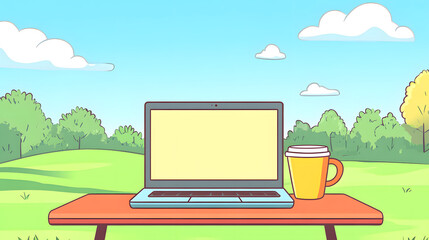 A laptop and coffee cup on a table in a park, a cartoon-style
