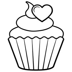 Romantic Cupcake with Heart Decoration Outline