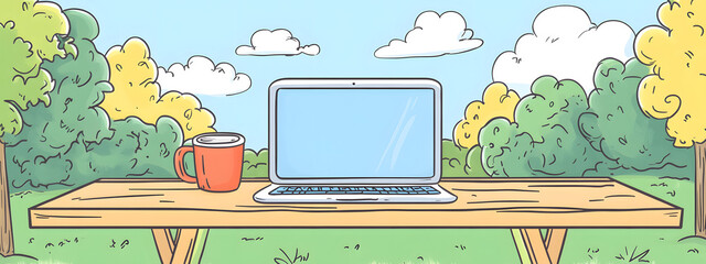 A laptop and coffee cup on a table in a park, a cartoon-style
