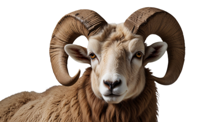 mountain goat isolated on white. ram with big horns on a transparent background