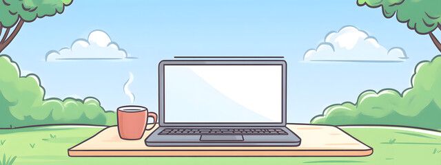 A laptop and coffee cup on a table in a park, a cartoon-style
