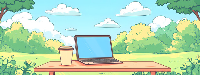 A laptop and coffee cup on a table in a park, a cartoon-style
