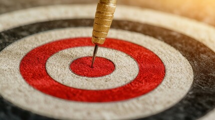 A close-up of a dartboard featuring a dart perfectly lodged in the center, symbolizing precision and focus.