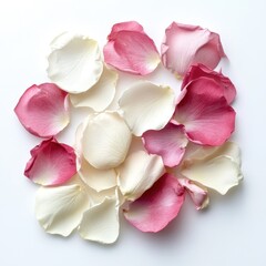 Fresh white and pink rose petals arranged on a clean white surface