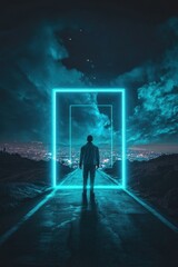 Man silhouette standing before glowing portal, night scene.