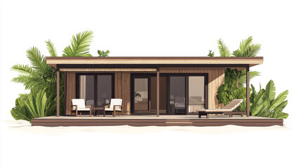 Bungalows, beach summer houses on piles with terrace, wooden private buildings, villas, hotel, cottages residential homes, apartments, living property, Cartoon vector illustration, isolated icons set