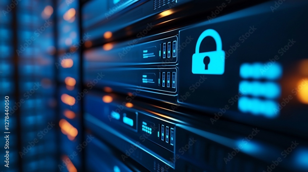Poster secure data servers with glowing padlock icon representing information security
