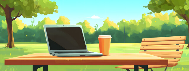 A laptop and coffee cup on a table in a park, a cartoon-style
