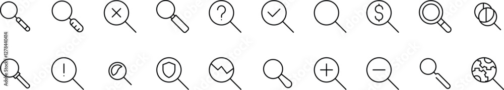 Poster magnifying glass outline web line icons collection. minimalistic linear pictogram for web and graphi