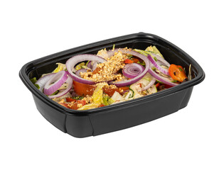 A salad in a black container on a clean white background