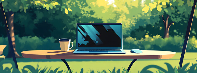 A laptop and coffee cup on a table in a park, a cartoon-style
