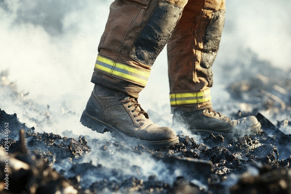 Poster a firefighter stands in front of a burning fire, ready for action