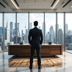 A businessman in an executive office gazes at the city skyline, symbolizing ambition, leadership, and success.