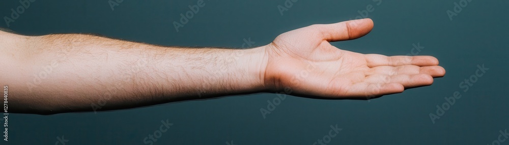 Poster extended hand gesture with open palm against a simple background for communication and connection co