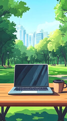 A laptop and coffee cup on a table in a park, a cartoon-style
