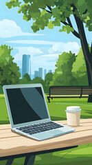 A laptop and coffee cup on a table in a park, a cartoon-style

