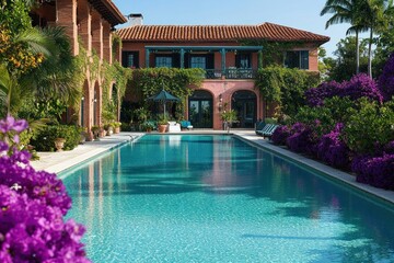 Mediterranean style mansion with large pool and lush landscaping.