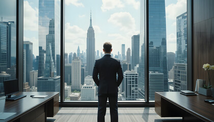 A businessman in an executive office gazes at the city skyline, symbolizing ambition, leadership, and success.