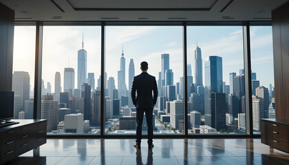 Fototapeta premium A businessman in an executive office gazes at the city skyline, symbolizing ambition, leadership, and success.