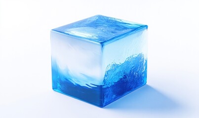 Blue liquid cube, water, ice, glass, crystal, transparent,  isolated, white background, studio shot.