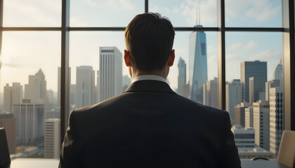 Fototapeta premium A businessman in an executive office gazes at the city skyline, symbolizing ambition, leadership, and success.