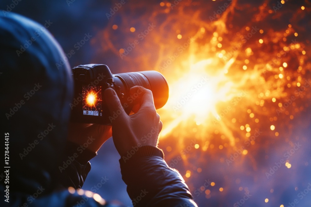 Poster a person capturing the moment with their camera as fireworks explode in the sky