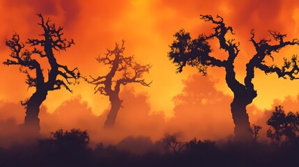 Dramatic Fiery Sunset Creating Stunning Silhouettes of Ancient Trees within a Fog-Laden Forest