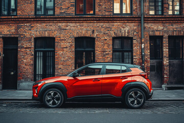 Red car, crossover type, parked in the street, side view on brick building symmetrical background
