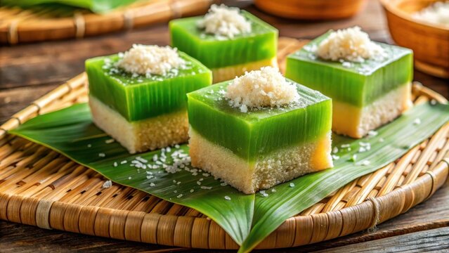 Moist sweet getuk lindri cake with a layer of grated coconut on top, grated coconut