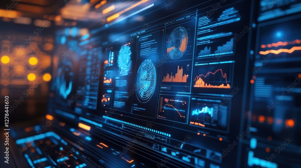 Poster a futuristic digital dashboard displaying graphs, data analytics, and visualizations with a blue and