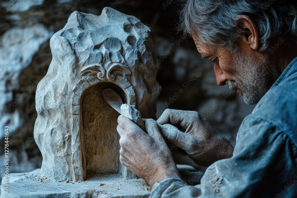 Poster a person carving a detailed portrait of a face, demonstrating artistic skill and attention to detail