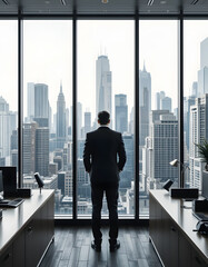 Fototapeta premium A businessman in an executive office gazes at the city skyline, symbolizing ambition, leadership, and success.