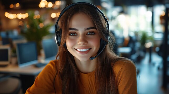 A smiling woman wearing a headset looking directly at the viewer
