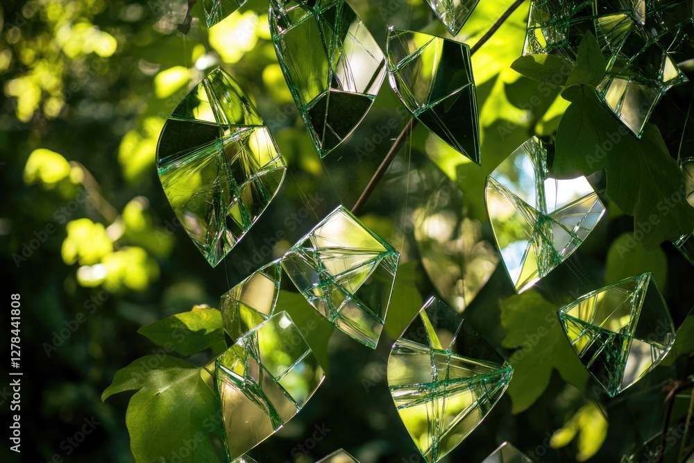 Poster a group of shattered mirrors are suspended from a tree branch, creating an eerie and unsettling scen
