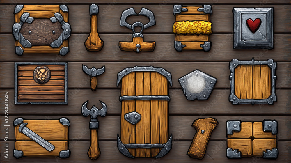 Poster game ui interface icons and wooden boards with metal frames. menu buttons, progress bars, store and 