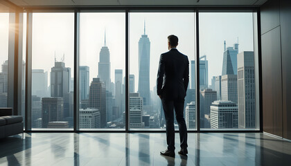 Fototapeta premium A businessman in an executive office gazes at the city skyline, symbolizing ambition, leadership, and success.