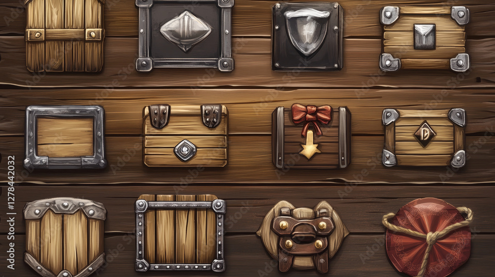 Poster game ui interface icons and wooden boards with metal frames. menu buttons, progress bars, store and 