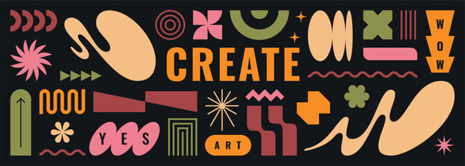 Abstract shape element icon set. Graphic retro wavy logo figures and typography. Brutalist aesthetics. Vector playful pattern sticker collection. Modern geometry forms for background