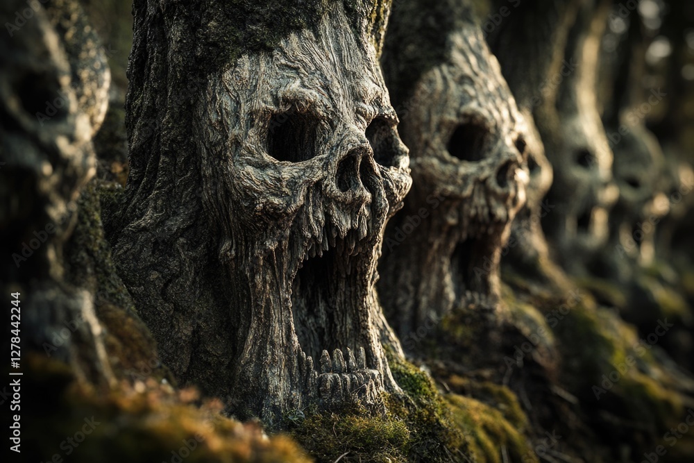 Poster a close-up view of a tree trunk featuring a carved face