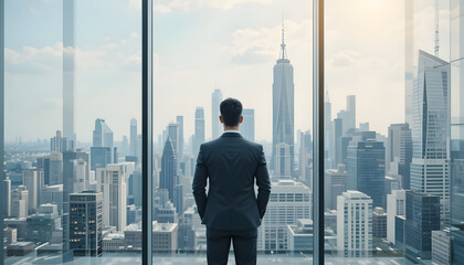 A businessman in an executive office gazes at the city skyline, symbolizing ambition, leadership, and success.