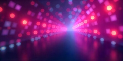 Obraz premium Futuristic neon tunnel background, glowing pink and blue bokeh lights, vibrant disco stage floor